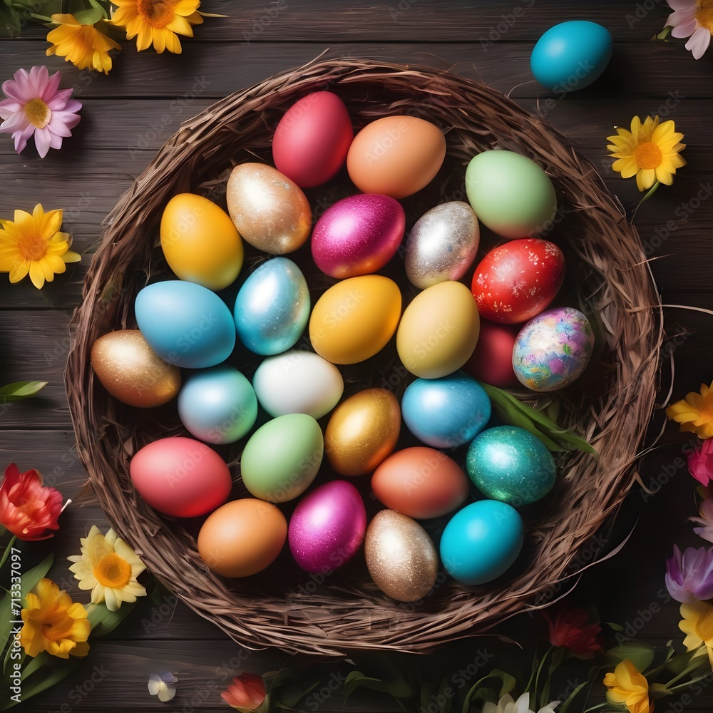 Colorful Easter eggs in a basket on a dark wooden background. Colorful Happy Easter eggs in a nest with flowers. Beautiful Happy Easter background. Colorful Easter eggs in a basket on a dark wooden background. Colorful Happy Easter eggs in a nest with flowers. Beautiful Happy Easter background.