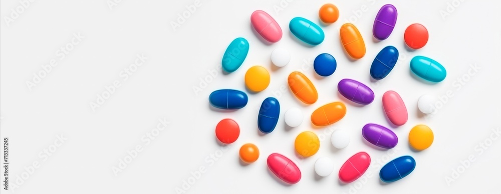 close up Top view of different coloured pills and capsules isolated on light background . horizontal background,  copy space. Minimal medical concept. Pharmaceutical,Drugs and medicines