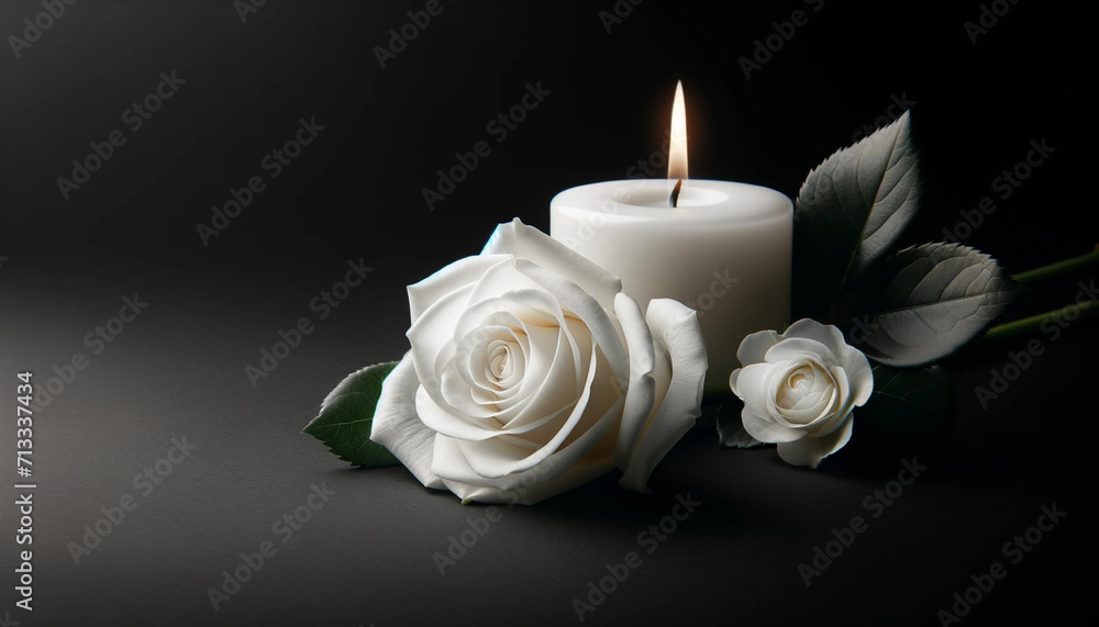 white rose and a candle set against a black background white rose and a candle set against a black background