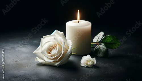 white rose and a candle set against a black background
