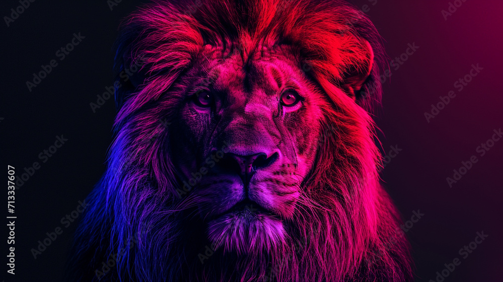 Portrait of a lion on a black background with neon lights