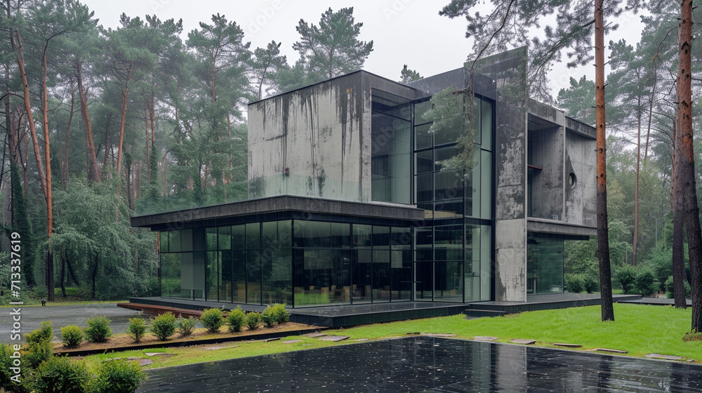 A modern house with concrete as material, rainy weather A modern house with concrete as material, rainy weather