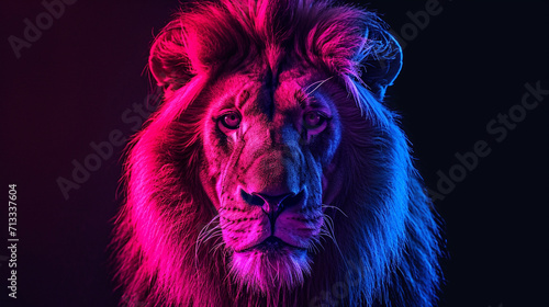 Portrait of a lion on a black background with neon lights
