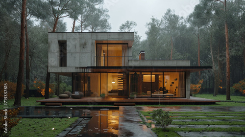 A modern house with concrete as material, rainy weather © frimufilms