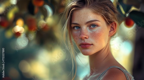 Beautiful Young Woman With Blue Eyes Poses by Tree in Summertime Generative AI