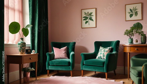 A dressing room with pale pink walls with a forest green velvet armchair natural wood accents and vintage inspired bot style