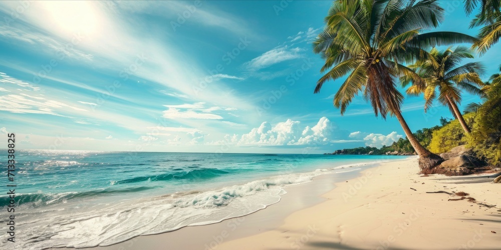 Beautiful beach with white sand, ocean, green palm trees and blue sky with clouds on Sunny day. Summer tropical landscape, panoramic view.