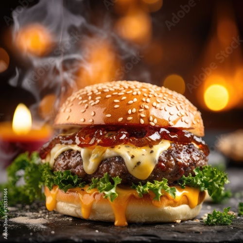 beef cheesy burger with lettuce, brown crispy onions, melted mozzarella cheese and cheddar cheese on smoked bokeh background, food photography, burger photography
