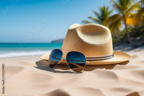 hat and sunglasses on the beach. 