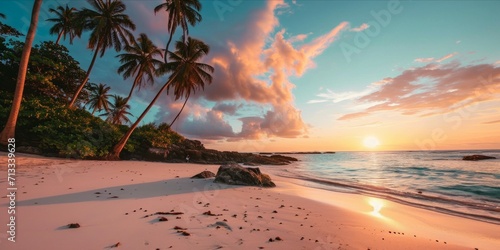 Panoramic view of beautiful tropical beach with palm trees and pink sand