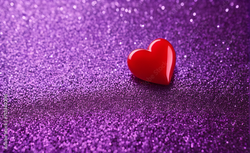 Fototapeta premium A small red heart on a sparkling soft purple background. Generative AI