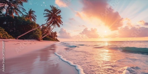 Tropical sunset on the beach. Seascape with palm trees