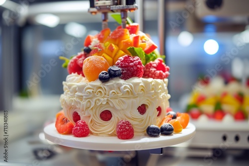 Cake Being Created By 3D Printer, Adorned With Icing And Fruit