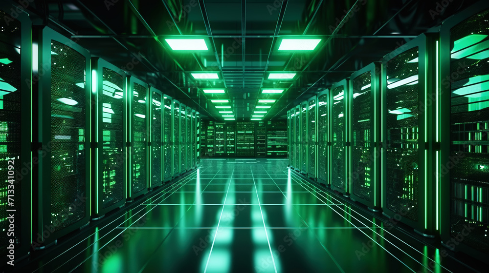 Fototapeta premium A modern high-tech data center with several rows of working servers in one room. Big data. Generative AI