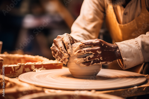 Close up of an african american man's hands making a pottery vessel in a pottery workshop. He is using an apron. Generative AI photo