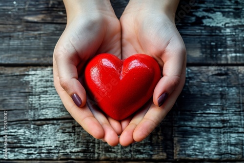 Capturing The Essence Of Love And Care: Magnified View Of Hands Embracing A Vibrant Red Heart