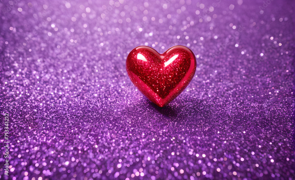 A small red heart on a sparkling soft purple background. Generative AI A small red heart on a sparkling soft purple background. Generative AI