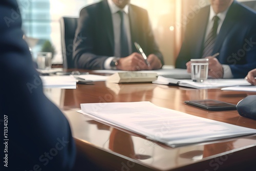 focus on documents on politician's desk with blurred background of businessman talking in conference room
