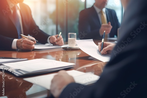 focus on documents on politician's desk with blurred background of businessman talking in conference room