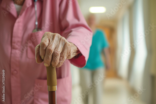 Elderly Patient Relies On Compassionate Nurse For Steady Support With Cane