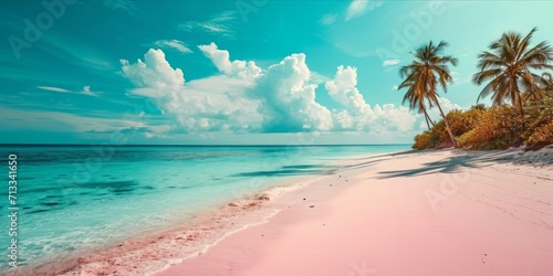 Panoramic view of beautiful tropical beach with palm trees and pink sand