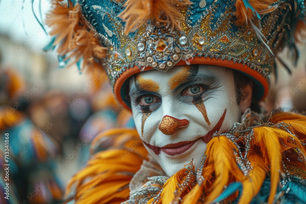 young man ready for the Carnival parade, with costume, feather,painted face and make up