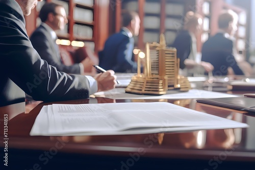 focus on documents on politician's desk with blurred background of businessman talking in conference room