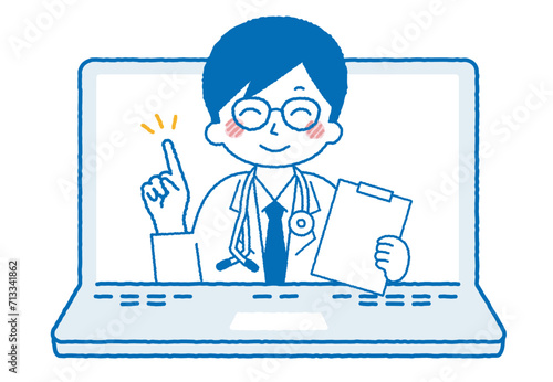 パソコンでオンライン診療をしている男性医師。指を刺して説明しているイラスト。