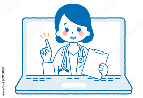 パソコンでオンライン診療をしている女性医師。指を刺して説明しているイラスト。