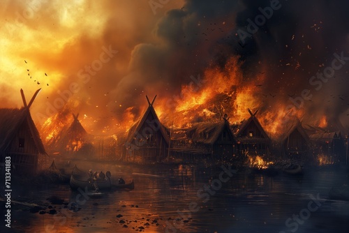 Viking Pillage And Arson Ravages Medieval Village, Inflicting Chaos And Devastation photo