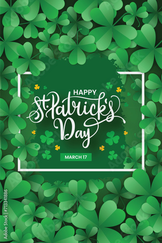 Happy St. Patrick's day background with green leaves and thin rectangular lines.