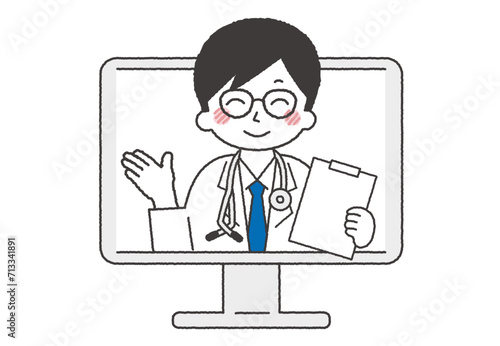 パソコンでオンライン診療をしている男性医師。指を刺して説明しているイラスト。