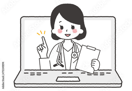 パソコンでオンライン診療をしている女性医師。指を刺して説明しているイラスト。