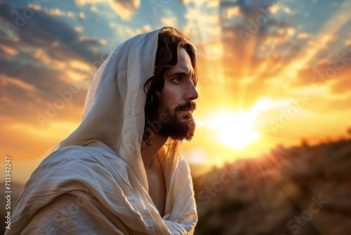 Awe-Inspiring Sunset Scene Featuring Jesus Christ In A White Robe