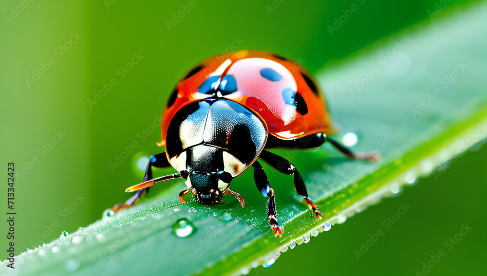 a macro photography of a lady bug on a blade of grass with a drop of water