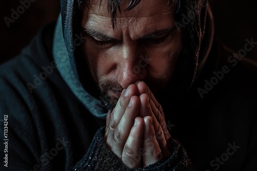 Man Seeking Divine Guidance With Folded Hands On Somber Backdrop Stock Photo
