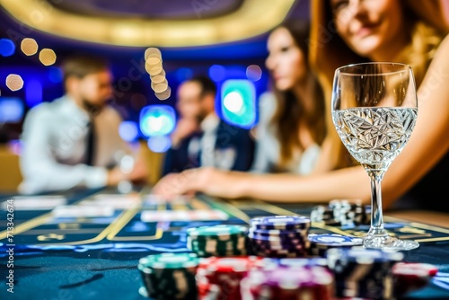 Close-up of a crystal glass on a casino table with chips and blurred people in the background enjoying the nightlife.