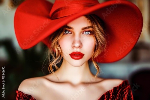 An elegant portrait of a young woman with striking blue eyes wearing a bold red hat and lipstick, embodying sophistication and style. photo