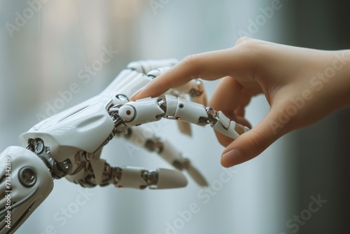 Embracing The Fusion Of Humanity And Technology: Prosthetic Hand Touching A Human Finger