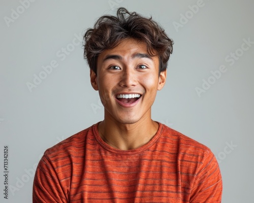 Excited Asian Man wear a red striped shirt Showing Blank Space Aside Over White Background 