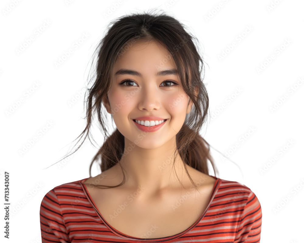 Excited Asian woman wear a red striped shirt Showing Blank Space Aside Over White Background, Excited Asian woman wear a red striped shirt Showing Blank Space Aside Over White Background,