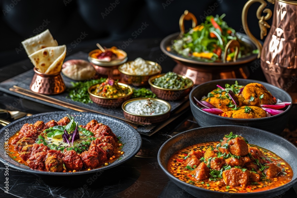 Opulent Dark Table Setting Highlights Vibrant Indian Dishes Opulent Dark Table Setting Highlights Vibrant Indian Dishes