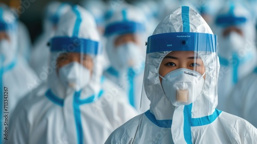 Overwhelmed healthcare workers and scientists in protective suits in the process of fighting the virus and solving problems with the pandemic