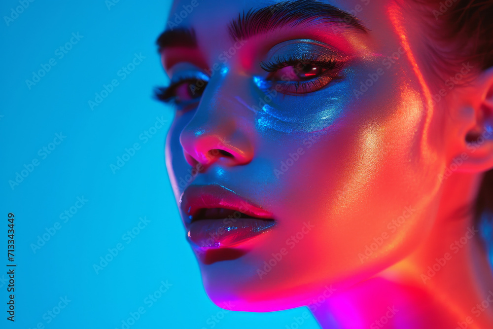 Fluorescent Makeup Delighting Modern Beauty Trends On Young Woman. Сoncept Sustainable Fashion, Natural Beauty Products, Diy Skincare, Mindful Consumption, Ethical Fashion