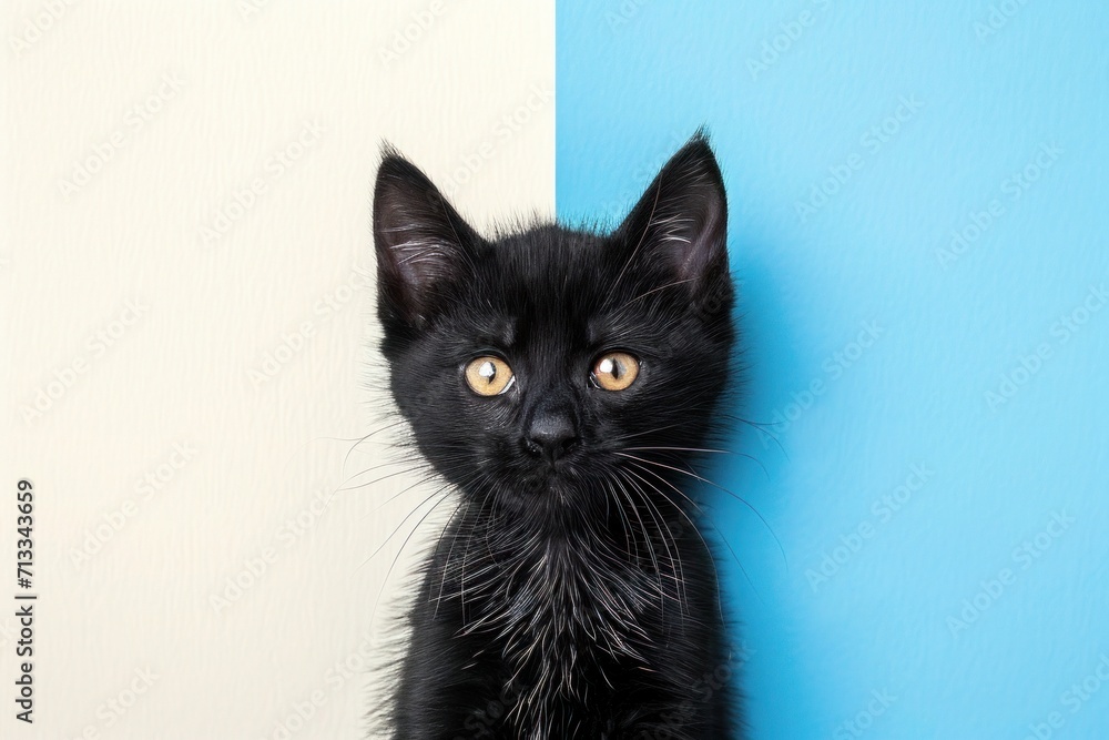 The curious stare of a domestic kitten is highlighted against the bold, warm colors of its background