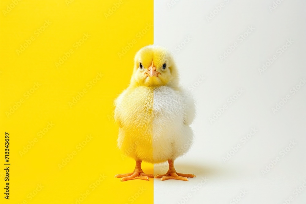 The cute and fluffy yellow and white feathers of a young chick shine in contrast to the clean white and yellow parts of the background. Two colored easter chick