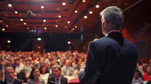 Man Standing in Front of an Engaged Crowd at a Business Conference Generative AI
