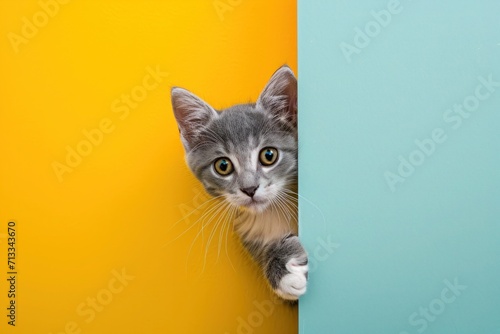 A playful bicolor kitten with soft grey and white fur curiously peeks around a corner against a yellow and grey background. photo