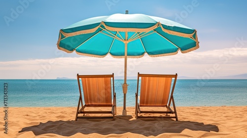 An umbrella from the sun and two deckchairs on the sandy coast