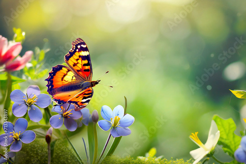 Butterfly on flower in the garden with blurred green sunny background